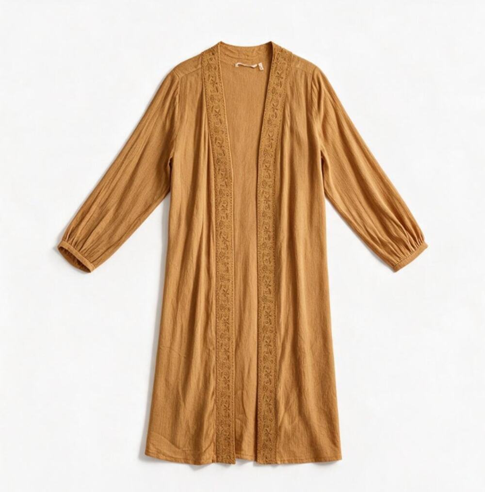 NEW Soft Surroundings M Mustard Yellow Duster Jacket Belted Boho Embroidered